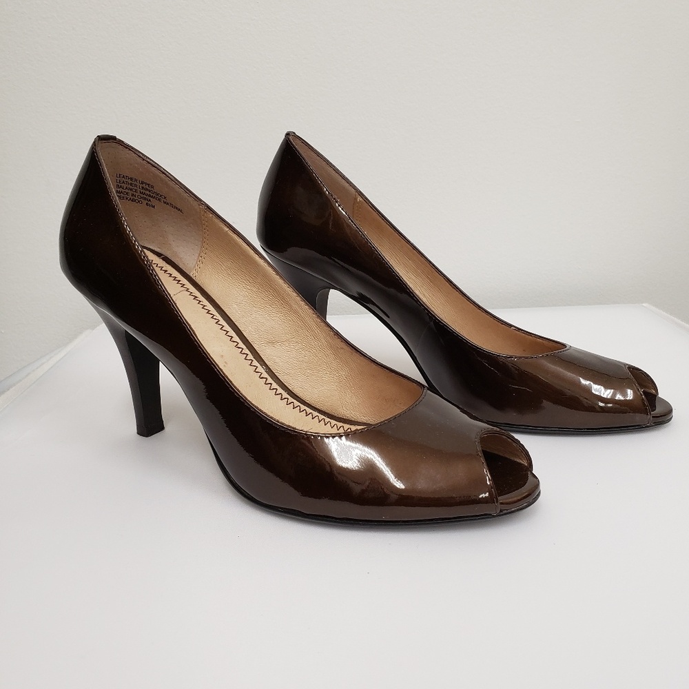 BP Peekaboo Brown Peep Toe Patent Leather Heels.